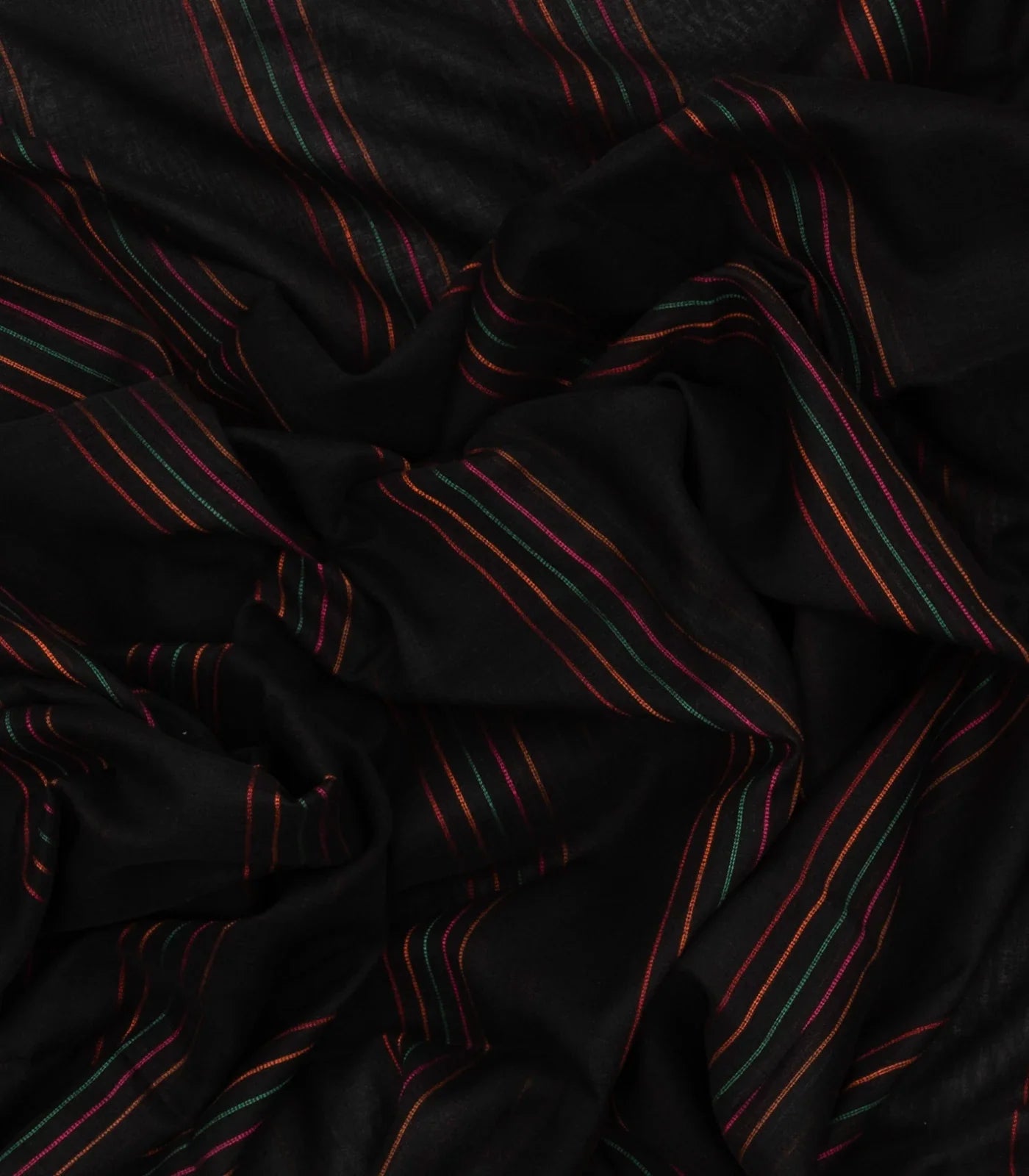 Black Handloom Bengal Cotton Saree With Multi Stripes