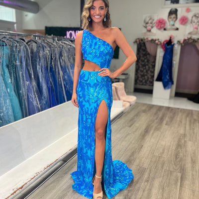 Sequin Fitted One Shoulder Slit Gown by Jovani 22853