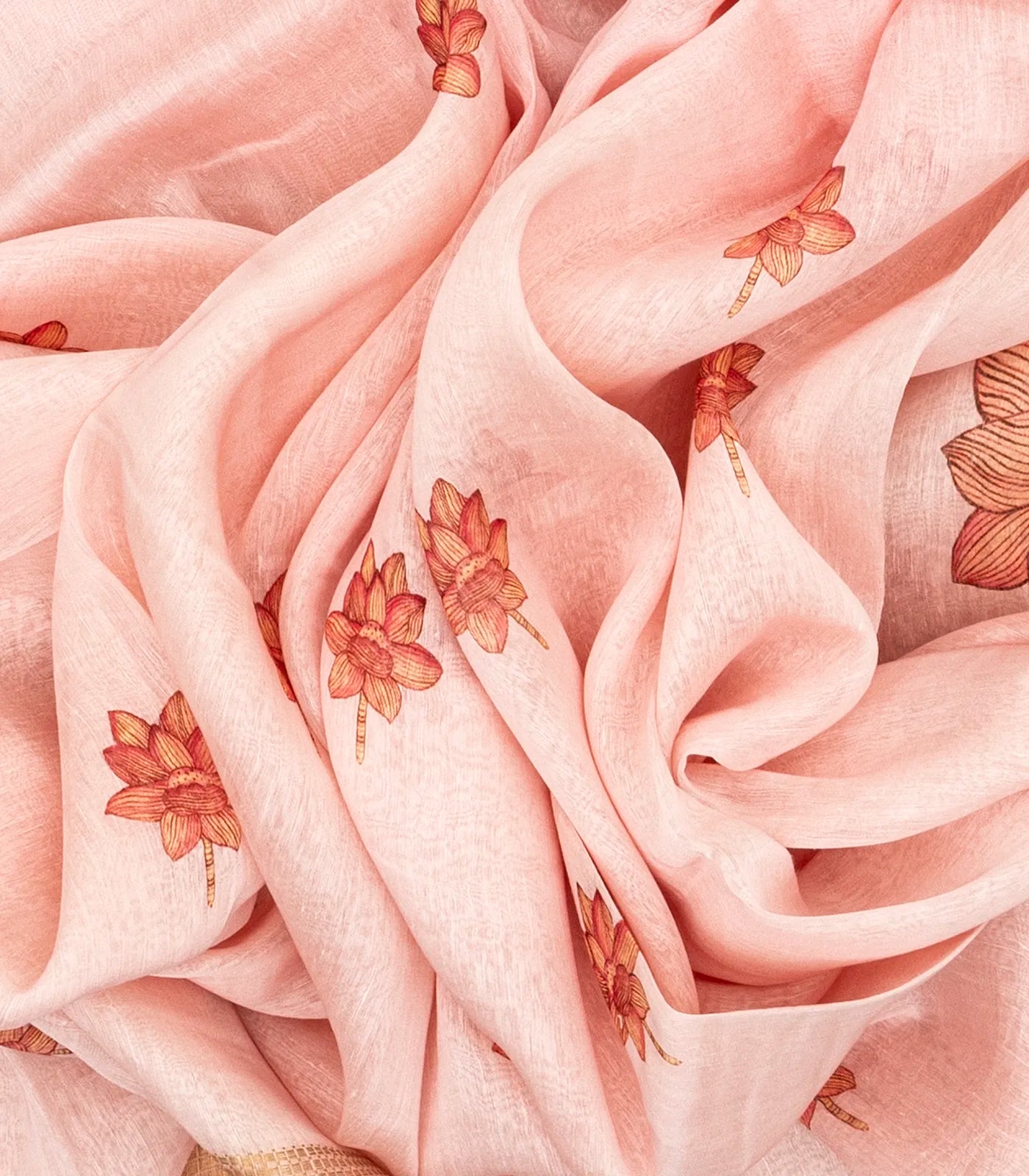 Light Peach Handwoven Linen Saree Printed With Floral Motifs