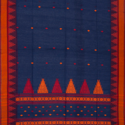 Navy Blue Handloom Bengal Cotton Saree With Temple Border