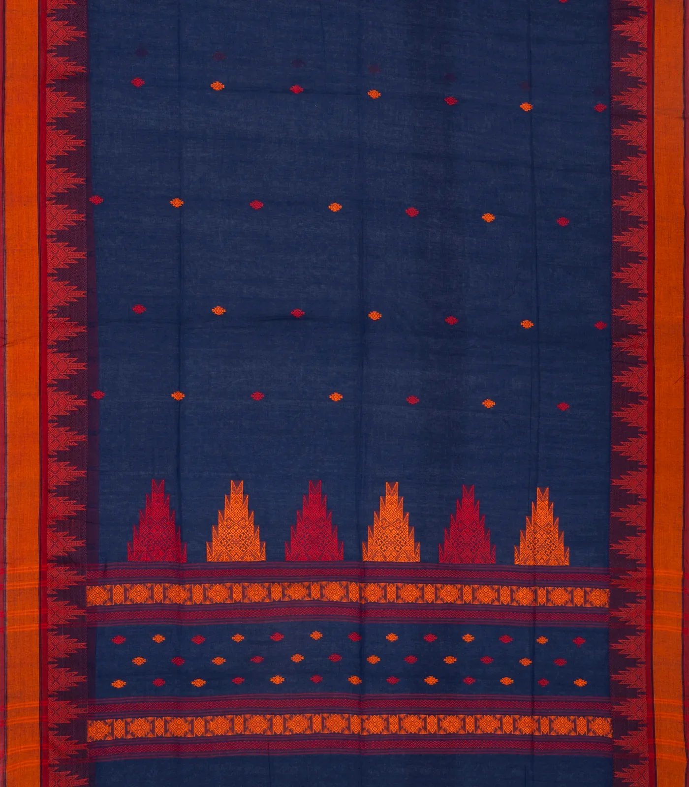 Navy Blue Handloom Bengal Cotton Saree With Temple Border