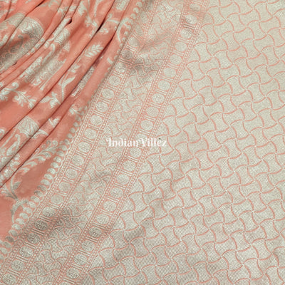Peach Animal Motif Banarasi Khaddi Georgette Shikargah Saree