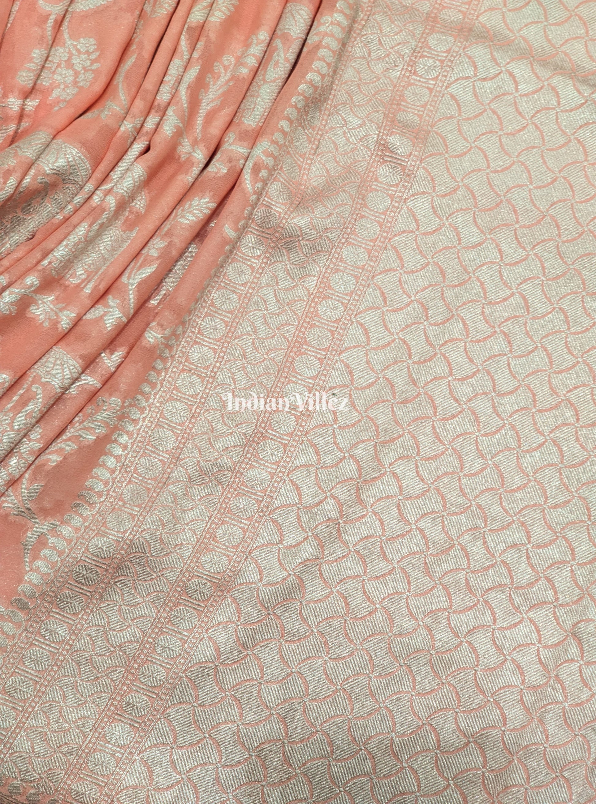 Peach Animal Motif Banarasi Khaddi Georgette Shikargah Saree