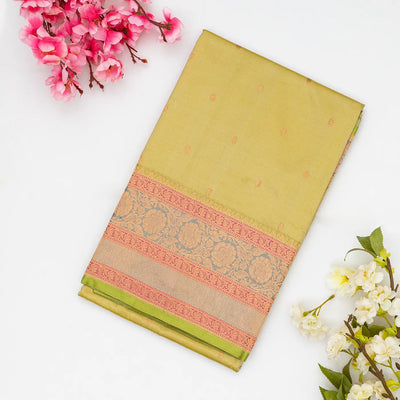 Sandal Handloom Banarasi Silk Saree With Floral Buttas