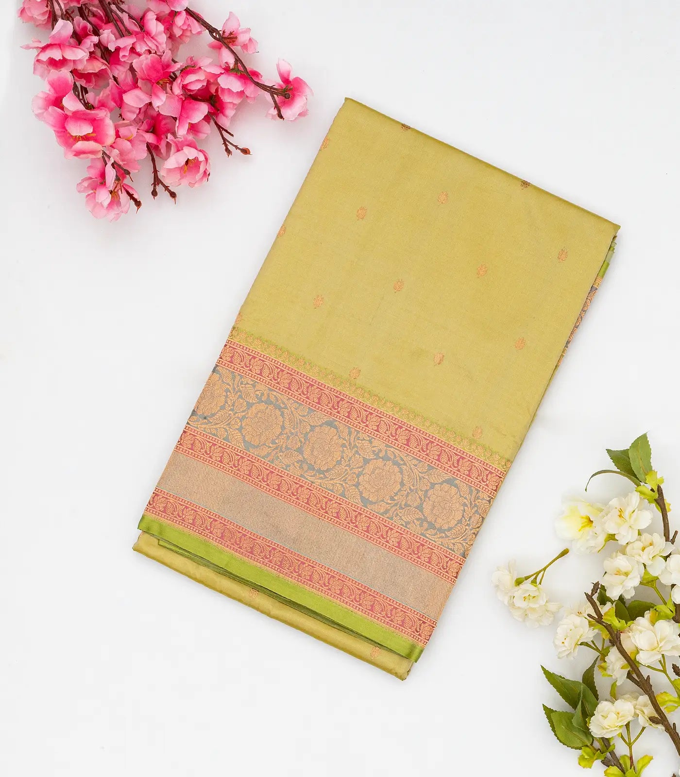 Sandal Handloom Banarasi Silk Saree With Floral Buttas