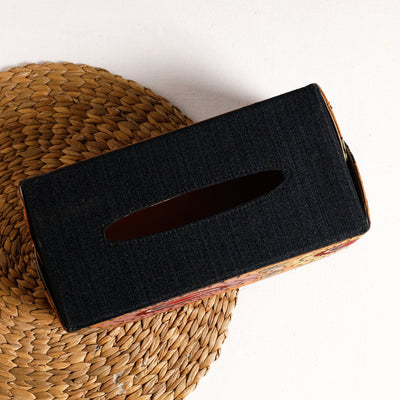 Black - Handpainted Kalamkari Natural Dyed Cotton Tissue Box