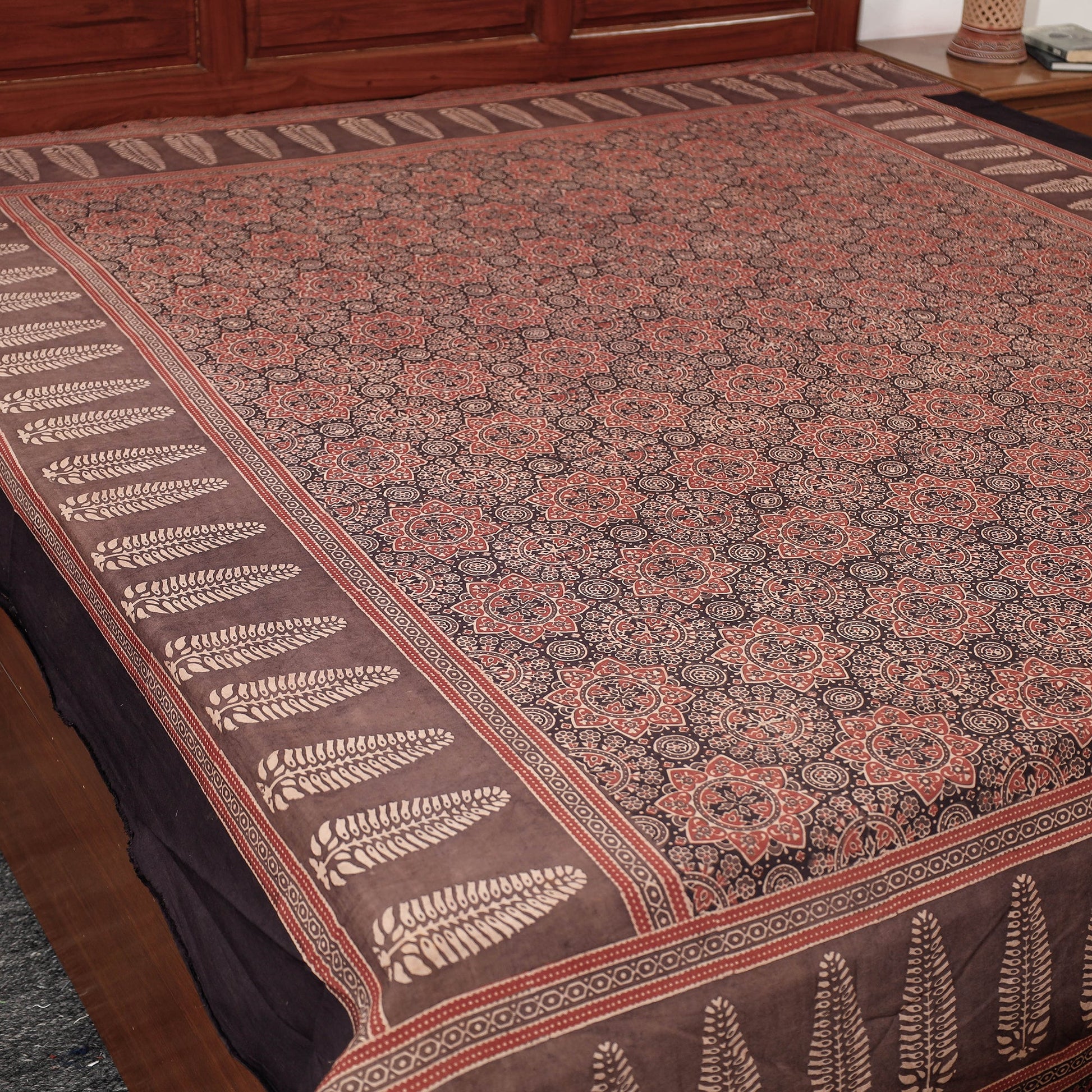 Brown - Ajrakh Block Printed Cotton Double Bed Cover (108 x 90 in)