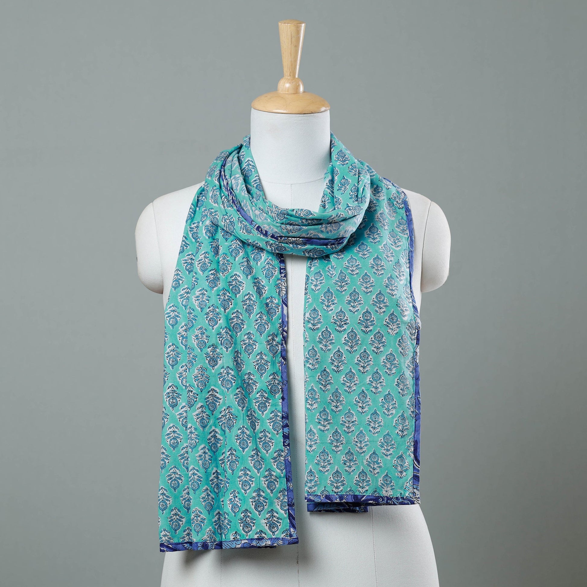 Aqua Blue - Sanganeri Block Printed Cotton Stole 24