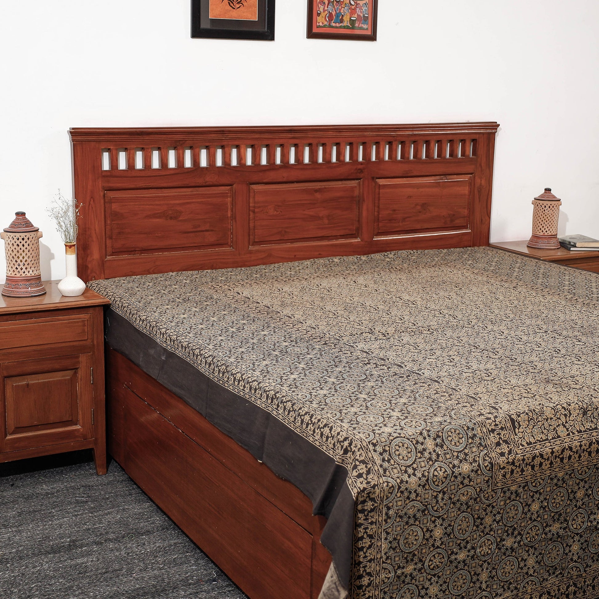 Brown - Ajrakh Block Printed Cotton Double Bed Cover (108 x 90 in)