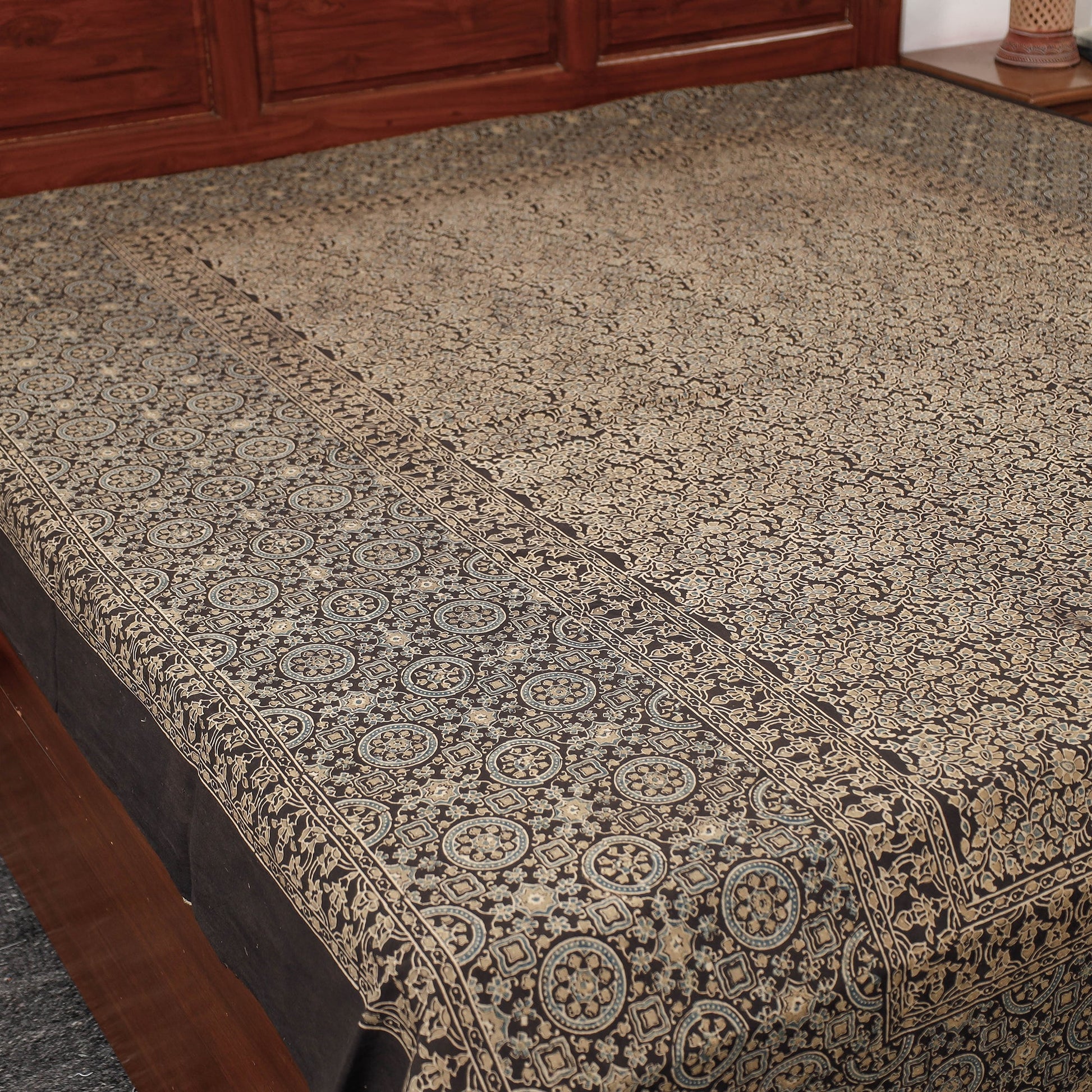 Brown - Ajrakh Block Printed Cotton Double Bed Cover (108 x 90 in)