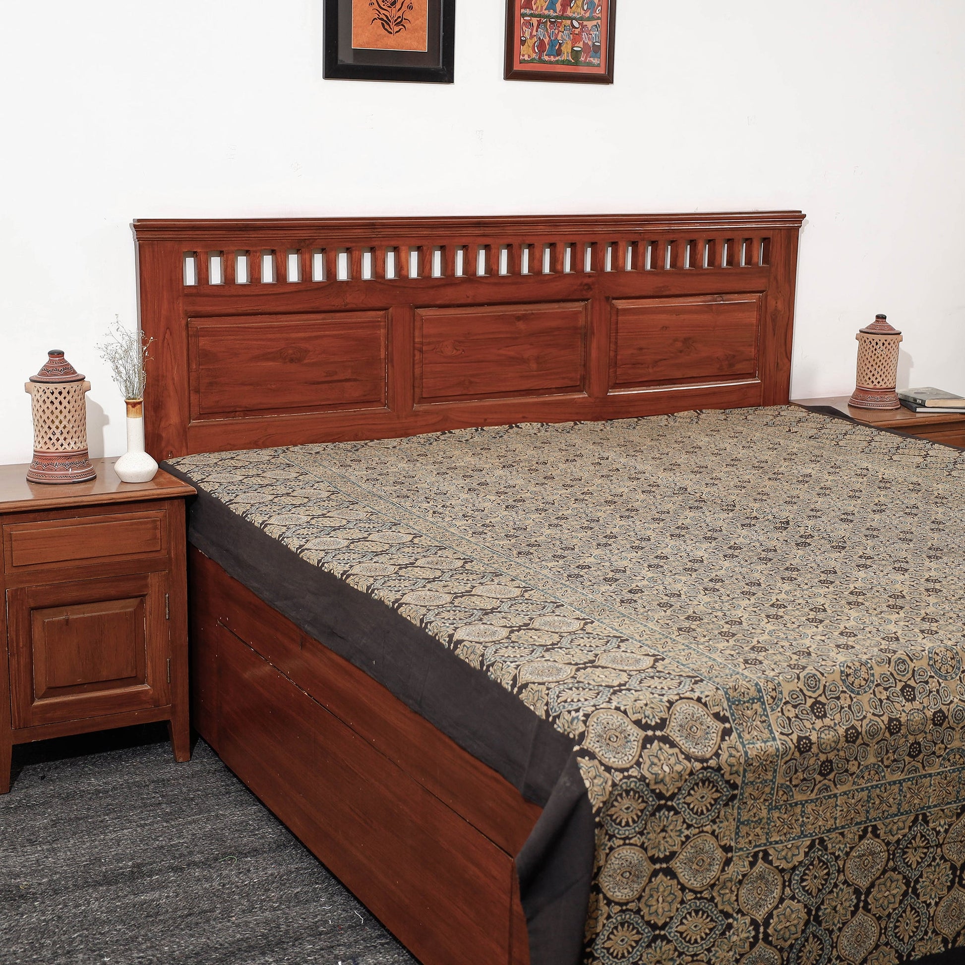 Beige - Ajrakh Block Printed Cotton Double Bed Cover (108 x 90 in)