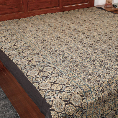 Beige - Ajrakh Block Printed Cotton Double Bed Cover (108 x 90 in)
