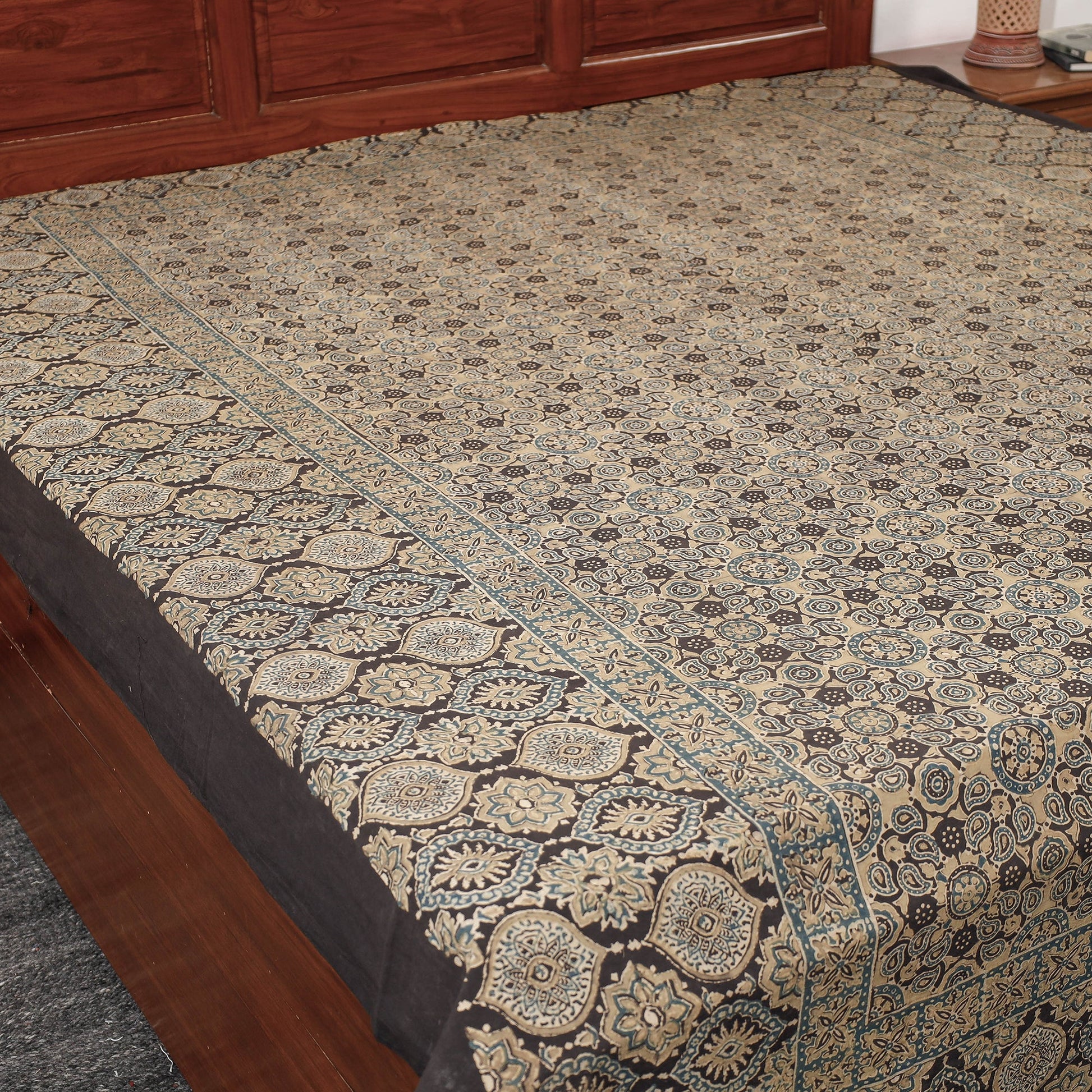 Beige - Ajrakh Block Printed Cotton Double Bed Cover (108 x 90 in)
