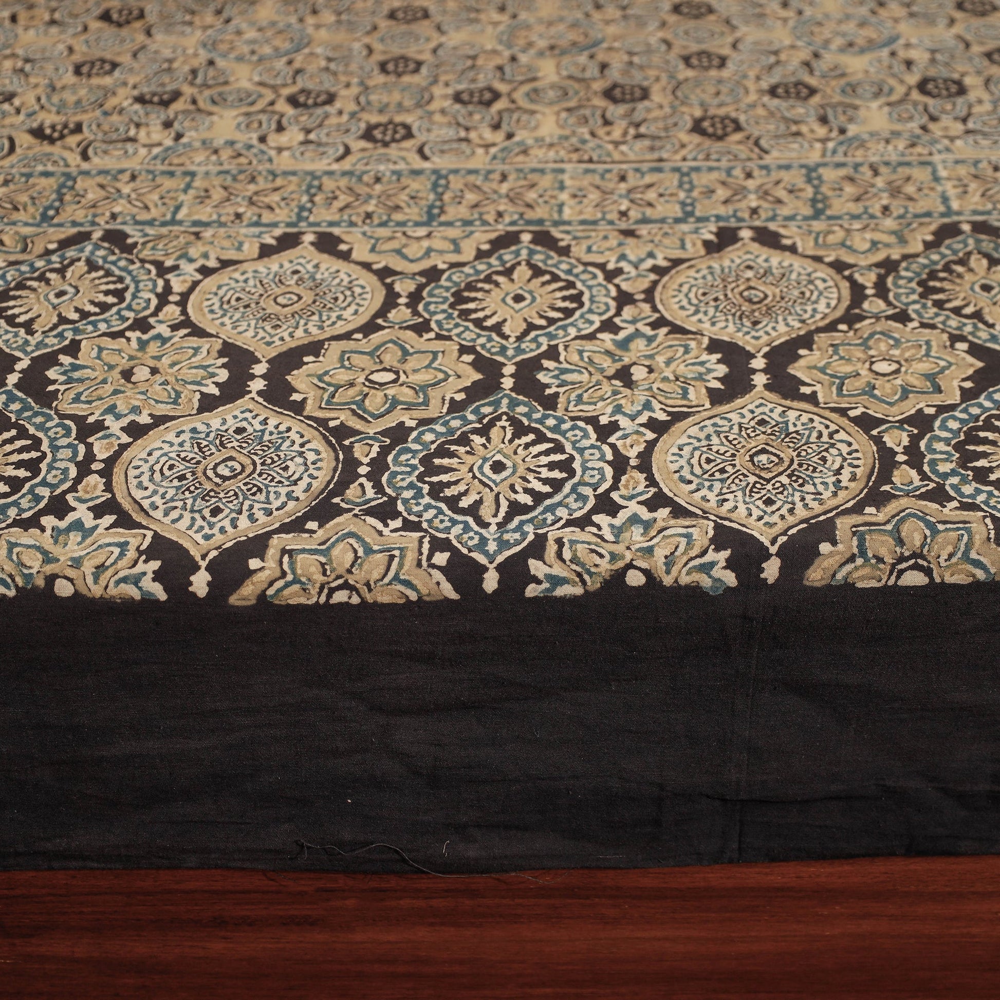Beige - Ajrakh Block Printed Cotton Double Bed Cover (108 x 90 in)