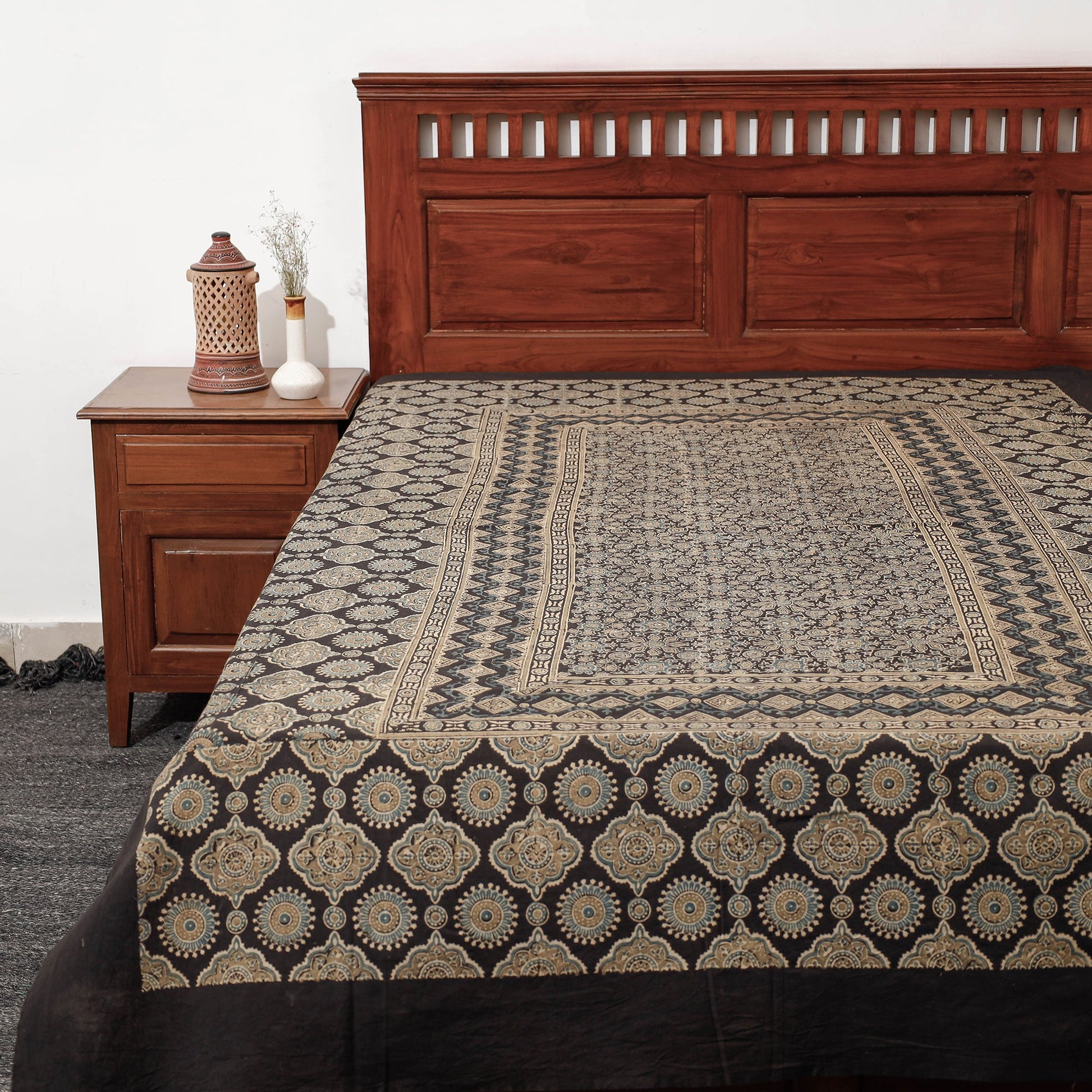 Brown - Ajrakh Block Printed Cotton Single Bed Cover (90 x 60 in)