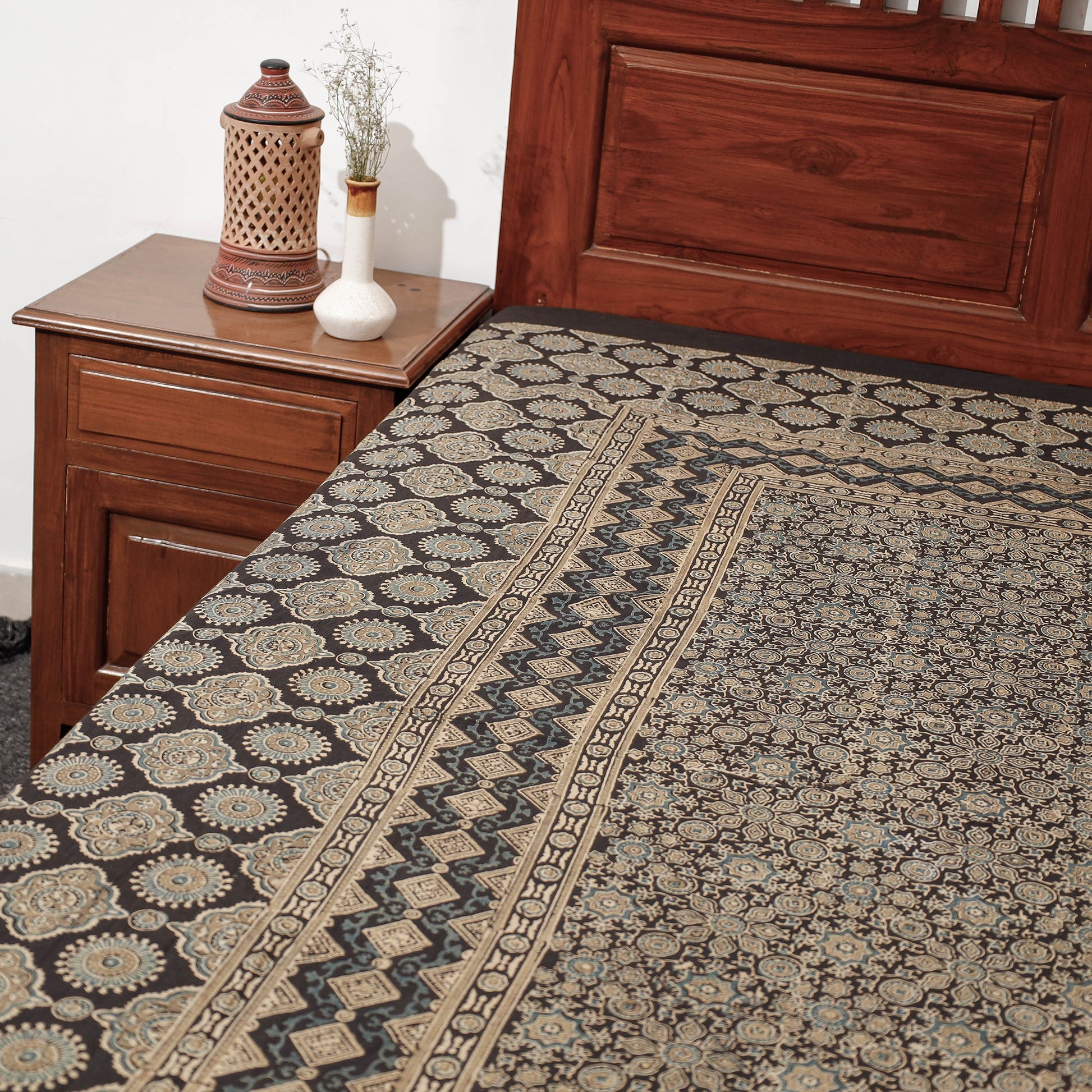 Brown - Ajrakh Block Printed Cotton Single Bed Cover (90 x 60 in)