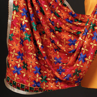 Yellow - 3pc Phulkari Embroidery Glazed Cotton Suit Material Set with Chinon Dupatta 09