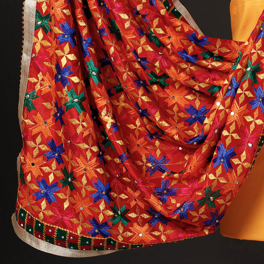 Yellow - 3pc Phulkari Embroidery Glazed Cotton Suit Material Set with Chinon Dupatta 09