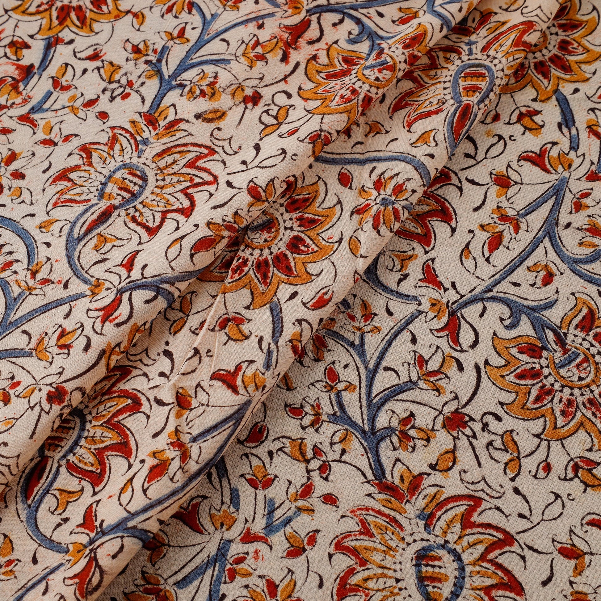 Beige - Pedana Kalamkari Block Printed Mul Cotton Fabric 02