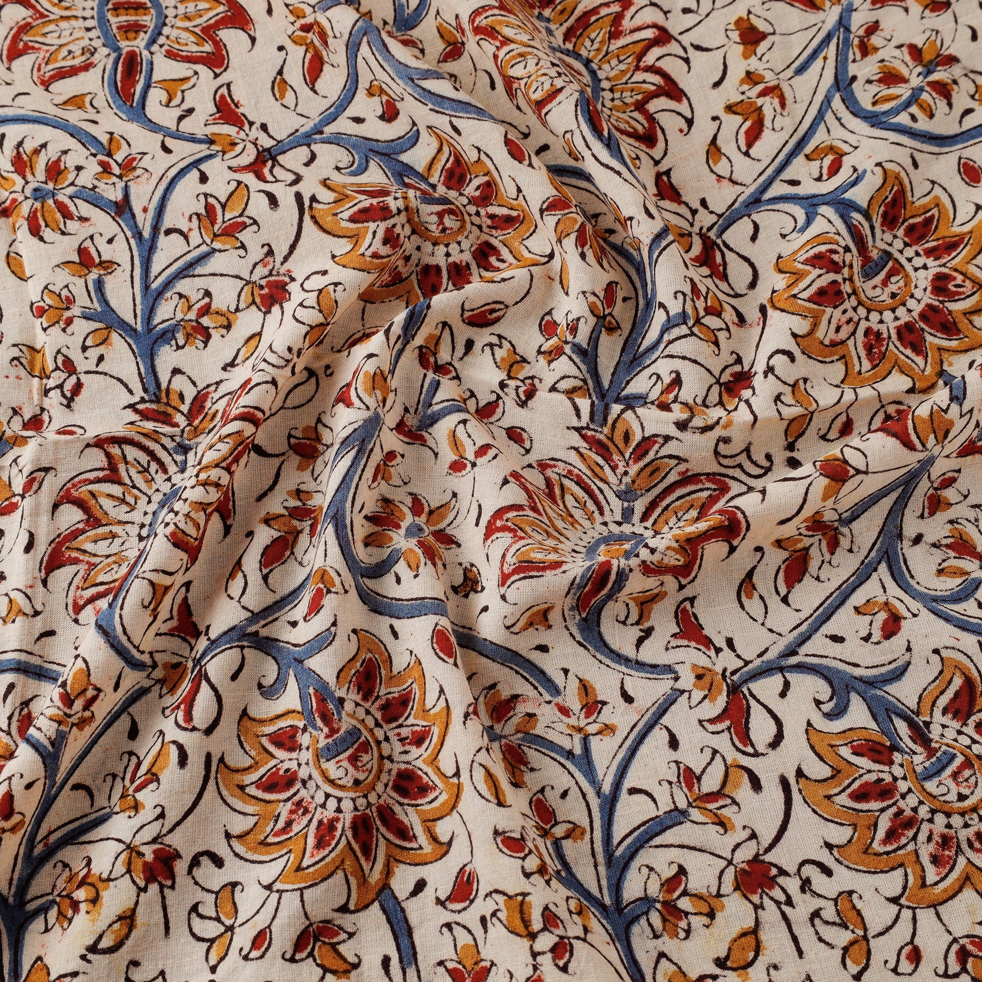 Beige - Pedana Kalamkari Block Printed Mul Cotton Fabric 02