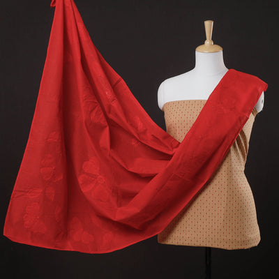 Brown - 2pc Jacquard Cotton Kurta with Applique Work Dupatta