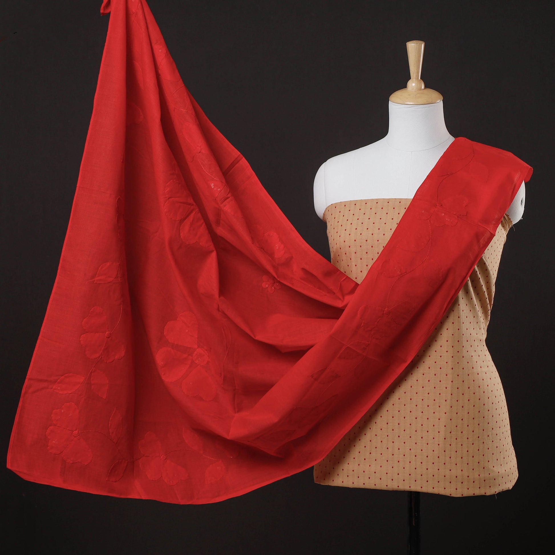 Brown - 2pc Jacquard Cotton Kurta with Applique Work Dupatta