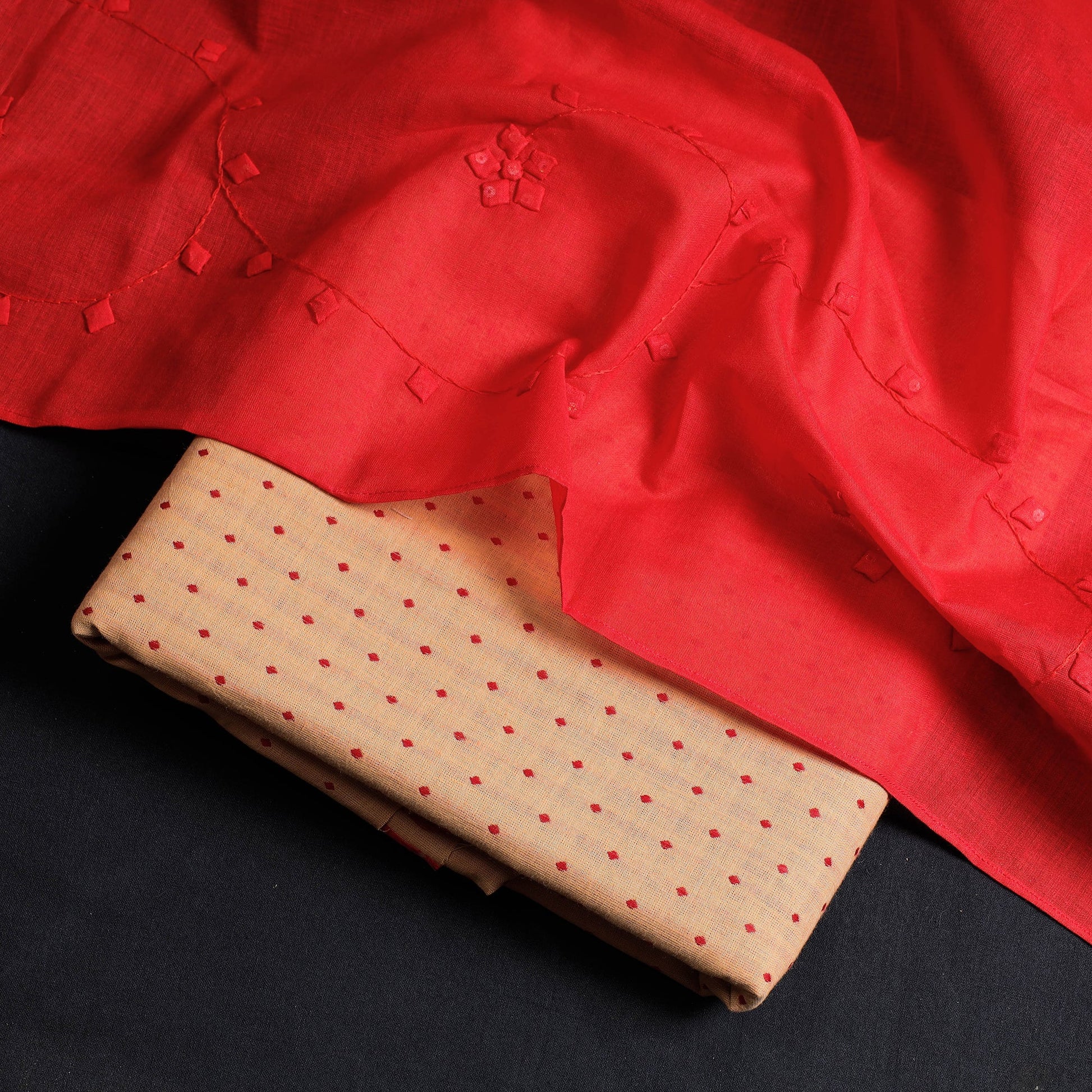 Brown - 2pc Jacquard Cotton Kurta with Applique Work Dupatta