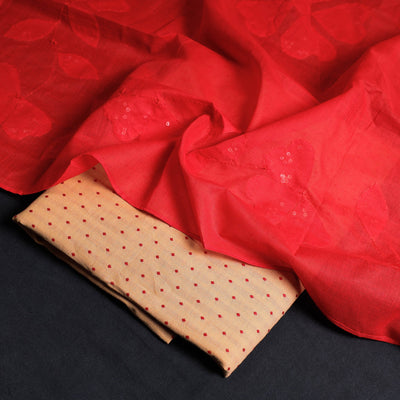 Brown - 2pc Jacquard Cotton Kurta with Applique Work Dupatta