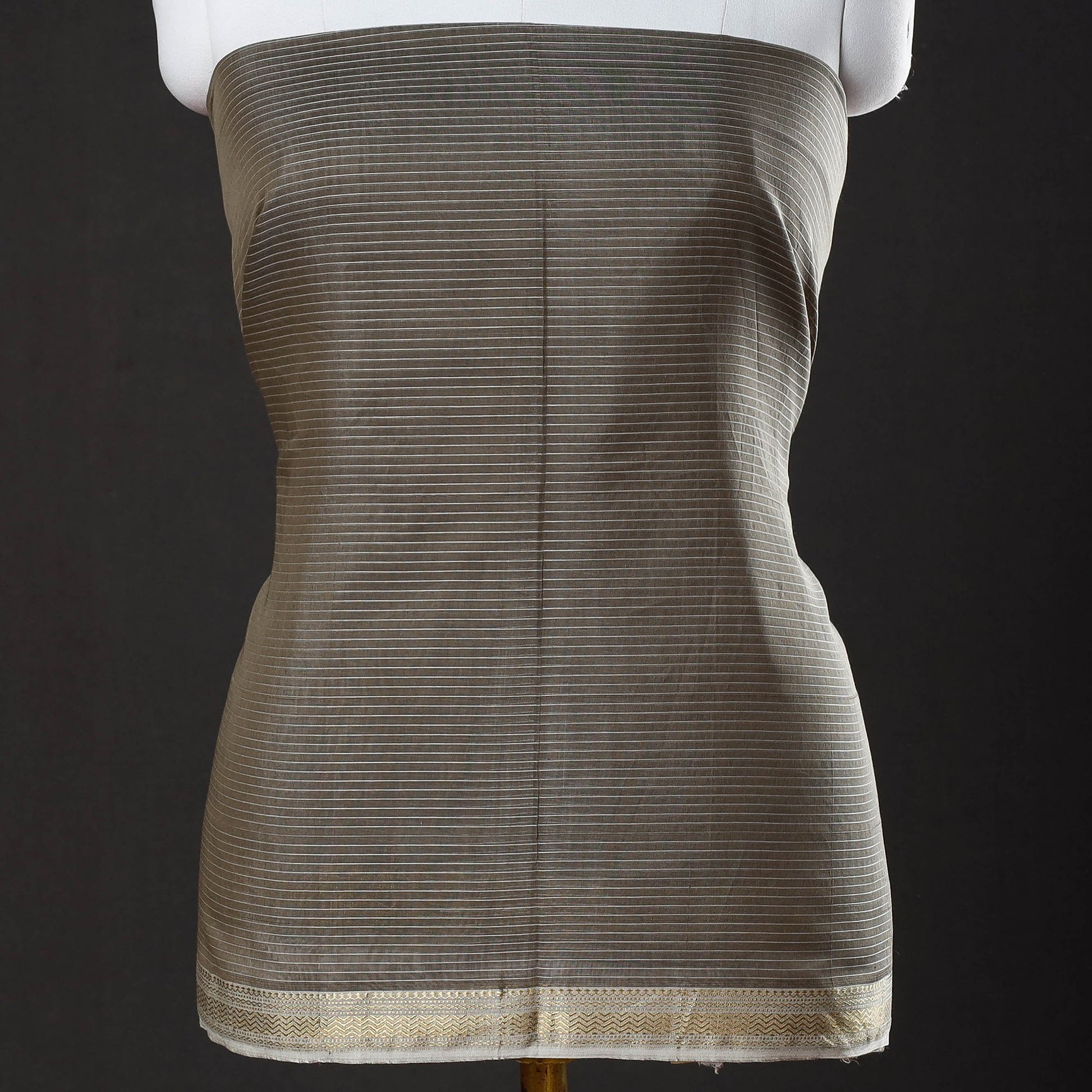 Brown - 2pc Maheshwari Silk Cotton Handloom Stripe Suit Material Set with Zari Border