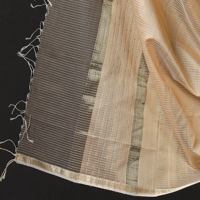 Brown - 2pc Maheshwari Silk Cotton Handloom Stripe Suit Material Set with Zari Border