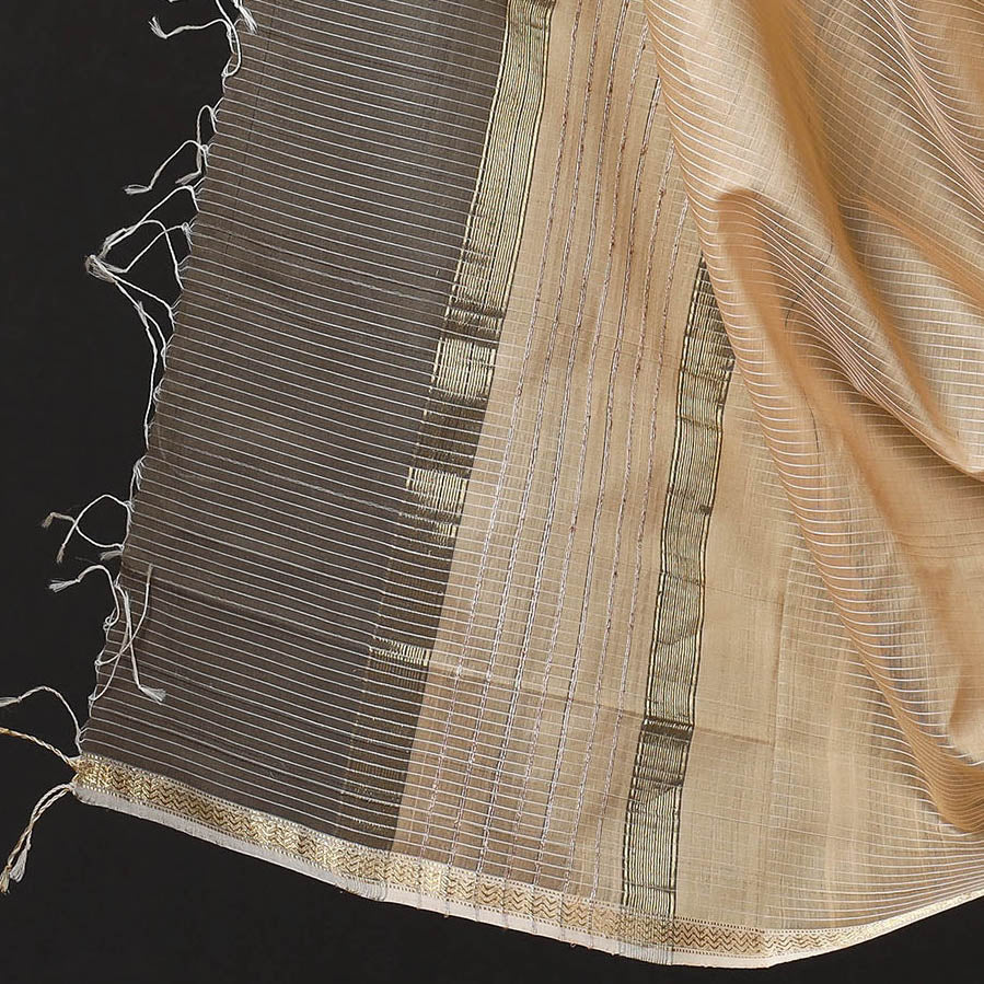 Brown - 2pc Maheshwari Silk Cotton Handloom Stripe Suit Material Set with Zari Border