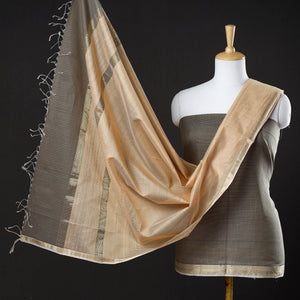 Brown - 2pc Maheshwari Silk Cotton Handloom Stripe Suit Material Set with Zari Border