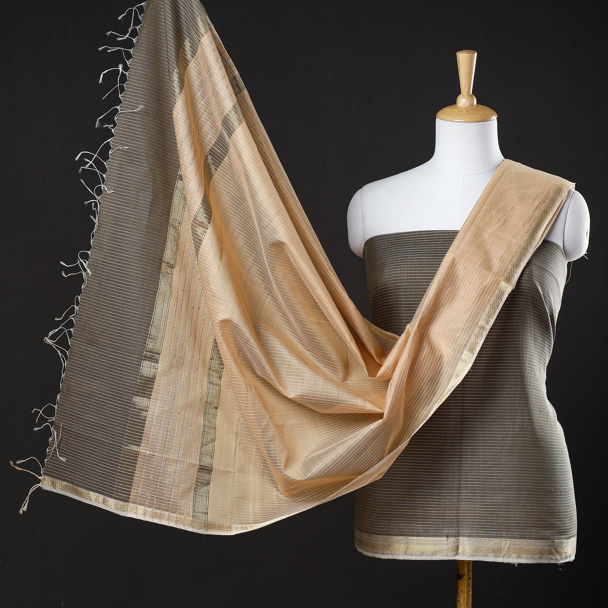 Brown - 2pc Maheshwari Silk Cotton Handloom Stripe Suit Material Set with Zari Border