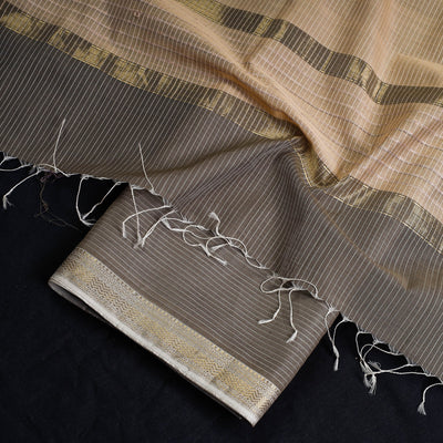 Brown - 2pc Maheshwari Silk Cotton Handloom Stripe Suit Material Set with Zari Border