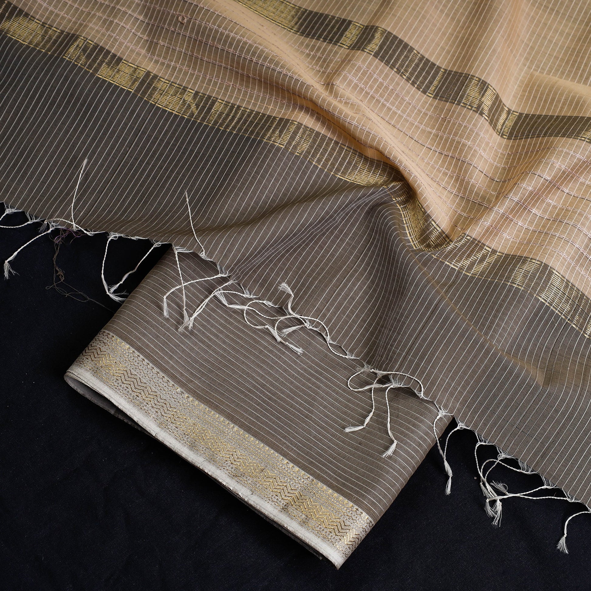 Brown - 2pc Maheshwari Silk Cotton Handloom Stripe Suit Material Set with Zari Border