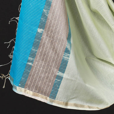 Blue - 2pc Maheshwari Silk Cotton Handloom Stripe Suit Material Set with Zari Border