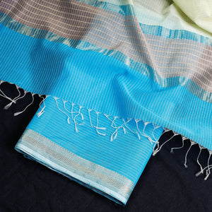 Blue - 2pc Maheshwari Silk Cotton Handloom Stripe Suit Material Set with Zari Border