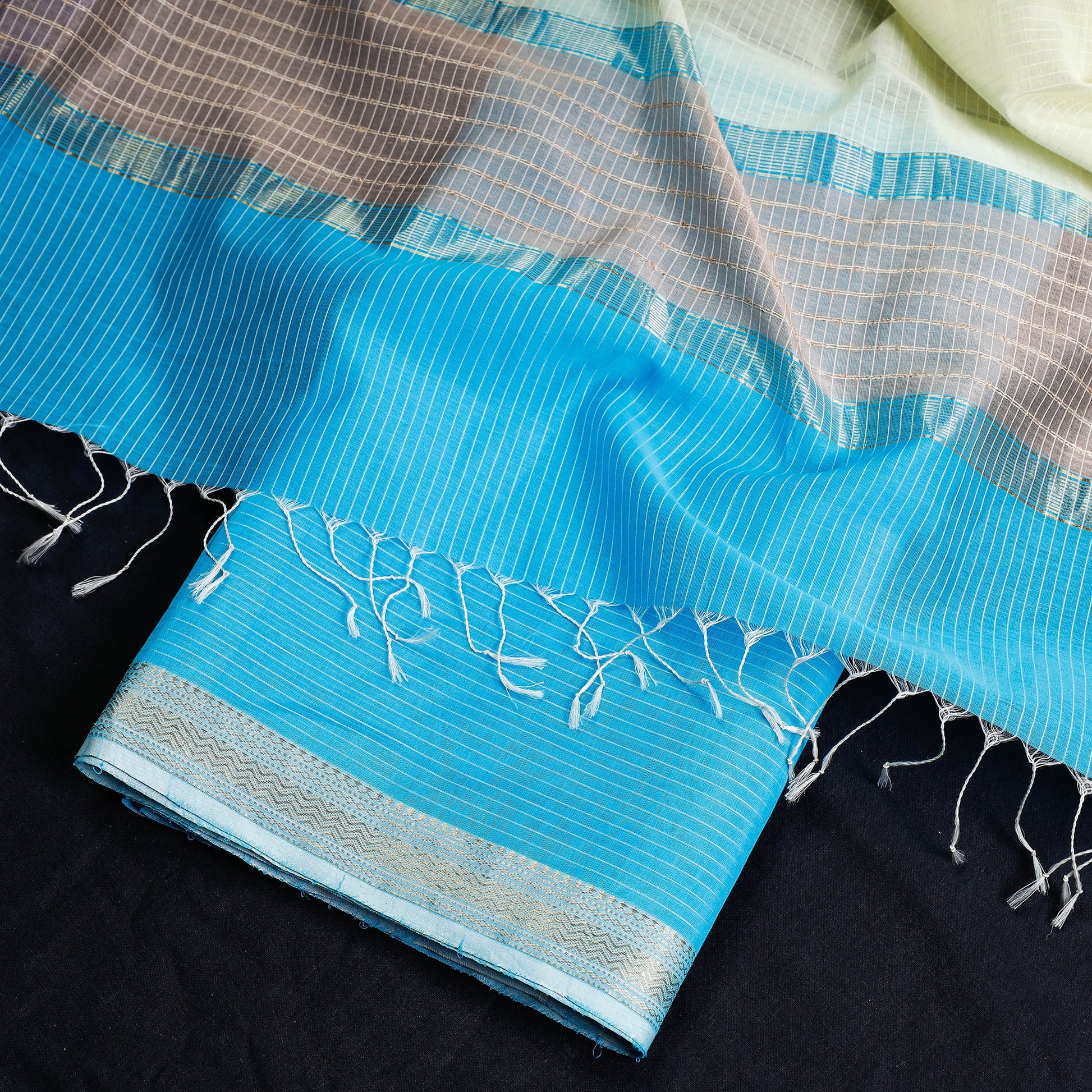 Blue - 2pc Maheshwari Silk Cotton Handloom Stripe Suit Material Set with Zari Border