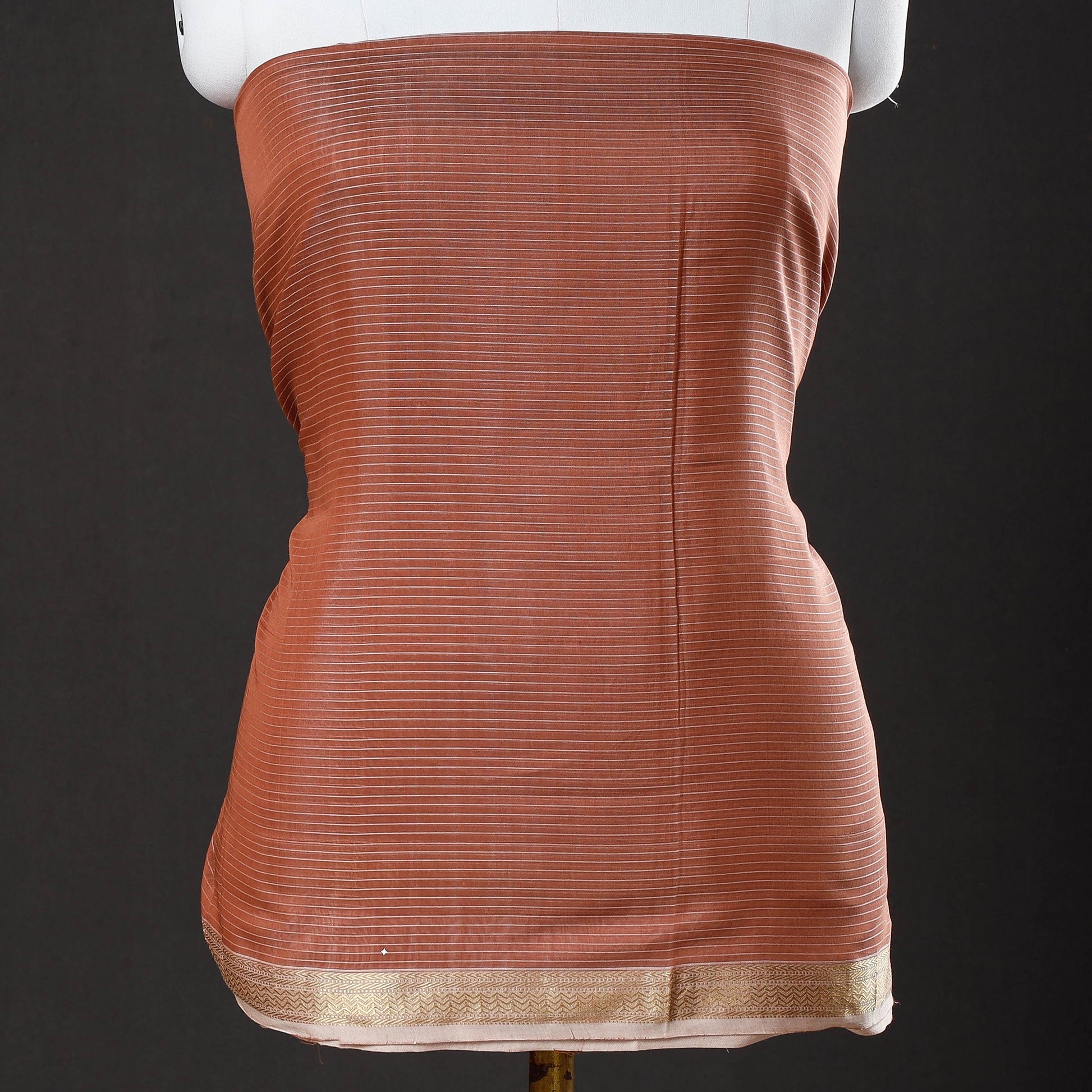 Brown - 2pc Maheshwari Silk Cotton Handloom Stripe Suit Material Set with Zari Border