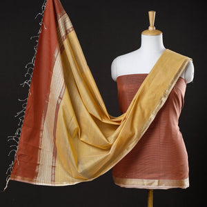 Brown - 2pc Maheshwari Silk Cotton Handloom Stripe Suit Material Set with Zari Border