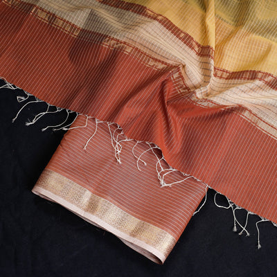 Brown - 2pc Maheshwari Silk Cotton Handloom Stripe Suit Material Set with Zari Border