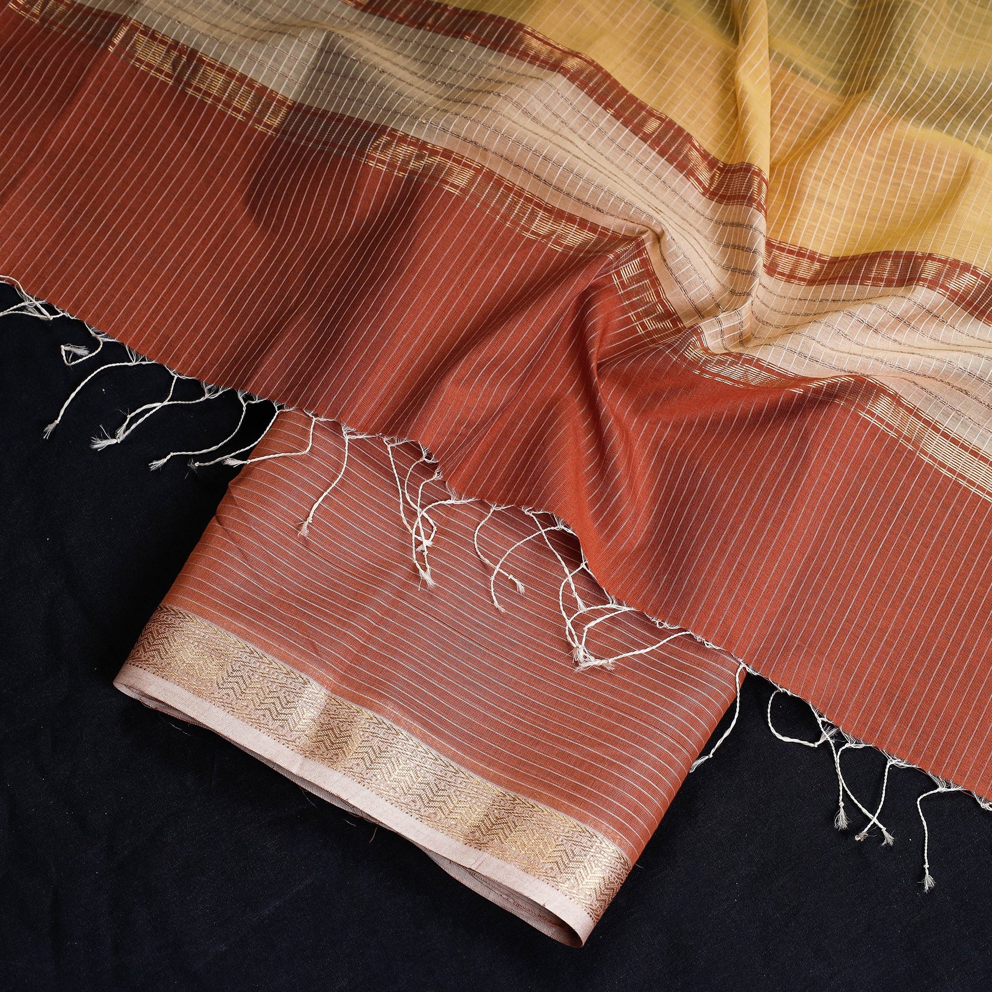 Brown - 2pc Maheshwari Silk Cotton Handloom Stripe Suit Material Set with Zari Border