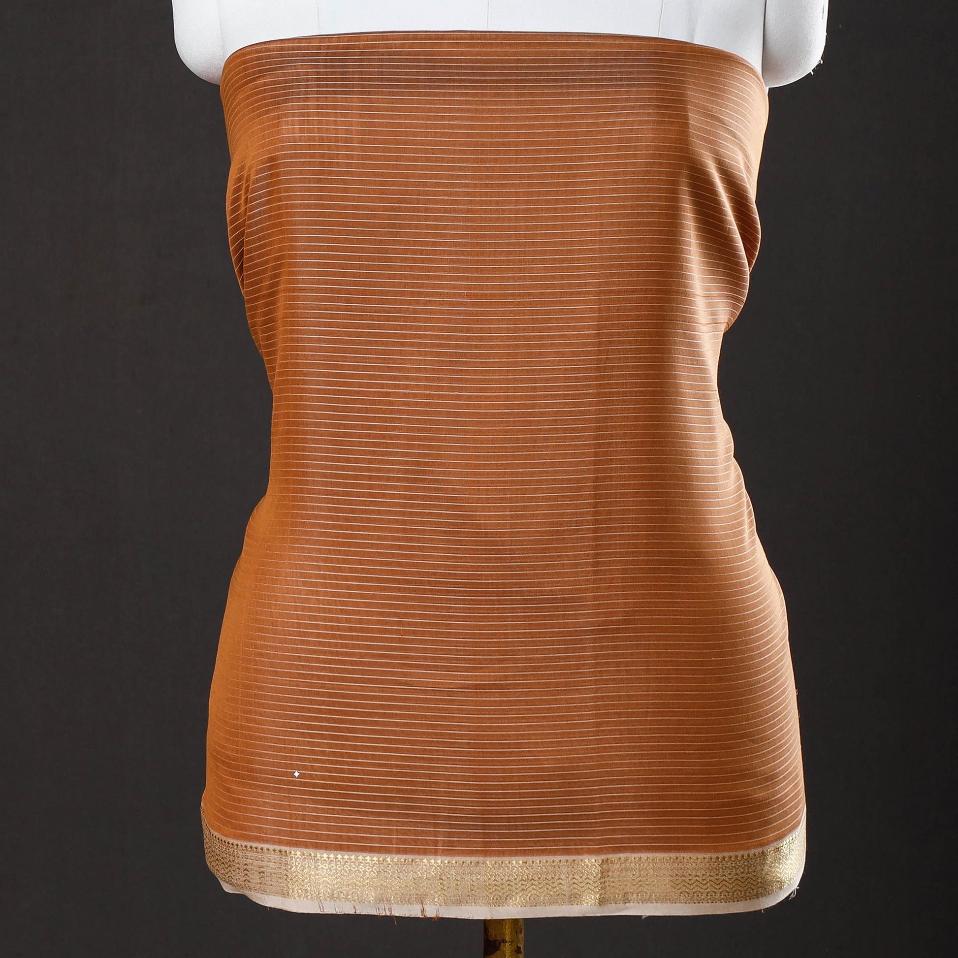 Brown - 2pc Maheshwari Silk Cotton Handloom Stripe Suit Material Set with Zari Border
