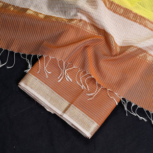 Brown - 2pc Maheshwari Silk Cotton Handloom Stripe Suit Material Set with Zari Border