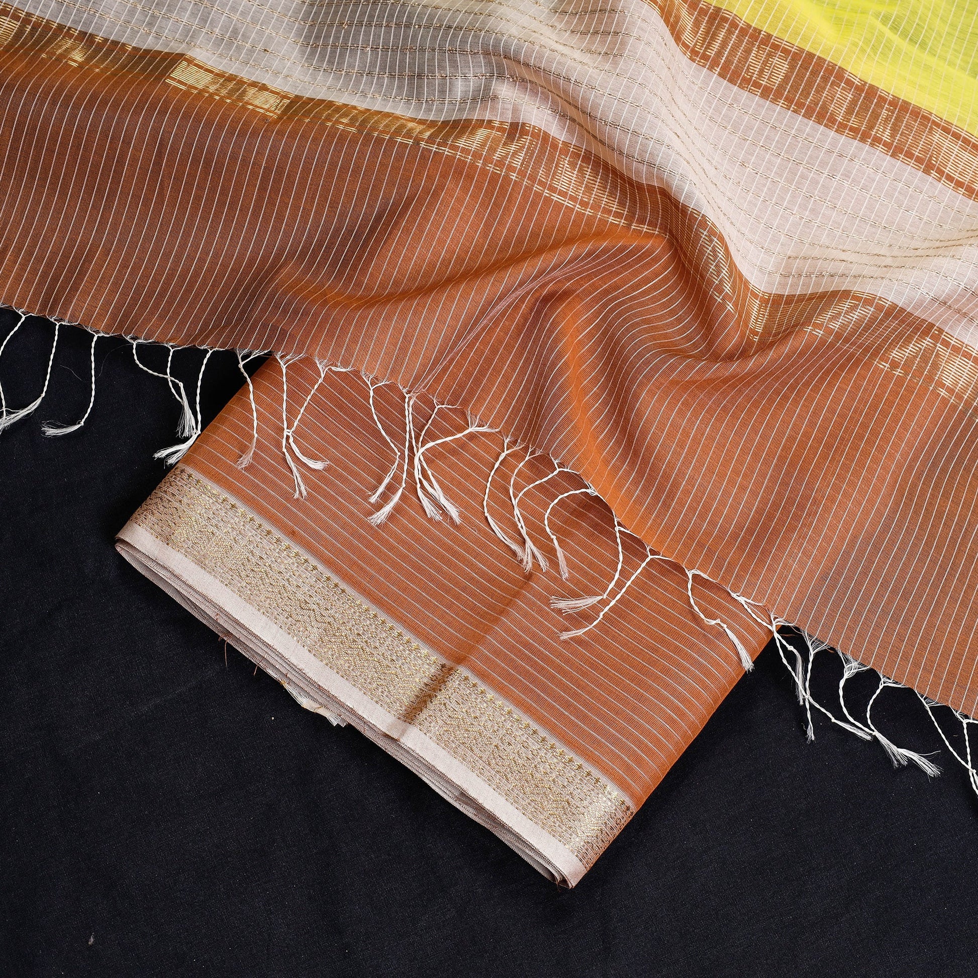 Brown - 2pc Maheshwari Silk Cotton Handloom Stripe Suit Material Set with Zari Border