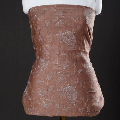 Brown - 3pc Handloom Chanderi Silk Cotton Embroidered Suit Material Set with Digital Printed Dupatta