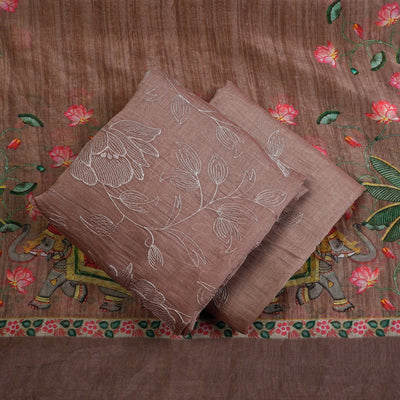 Brown - 3pc Handloom Chanderi Silk Cotton Embroidered Suit Material Set with Digital Printed Dupatta