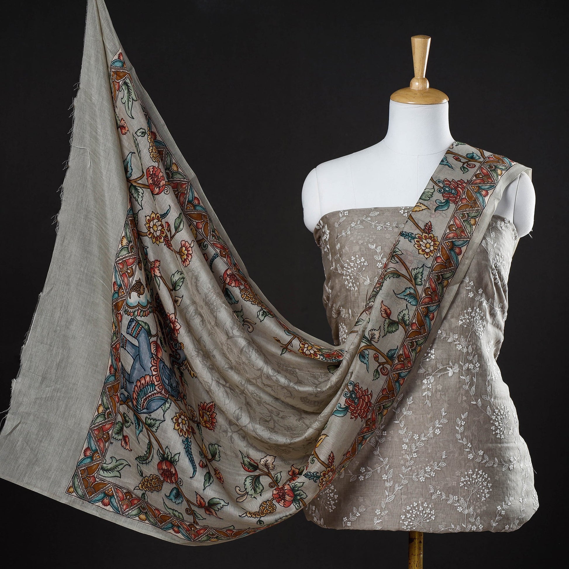 Brown - 3pc Handloom Chanderi Silk Cotton Embroidered Suit Material Set with Digital Printed Dupatta