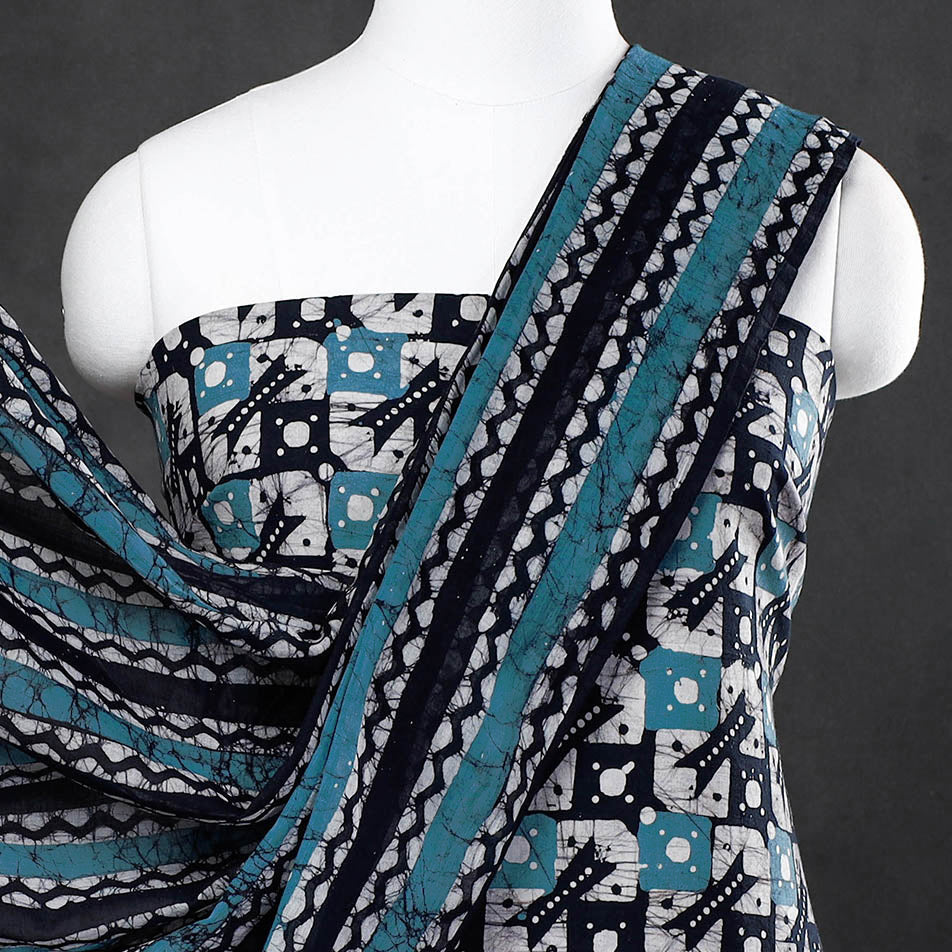 Blue - 3pc Cotton Kutch Batik Print Dress Material Set