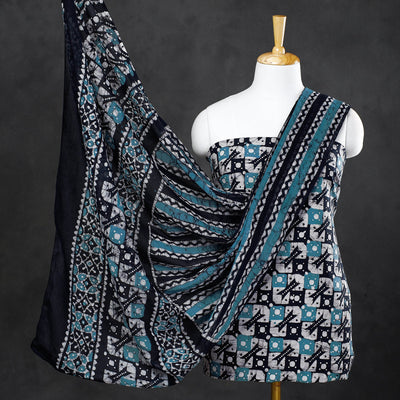 Blue - 3pc Cotton Kutch Batik Print Dress Material Set